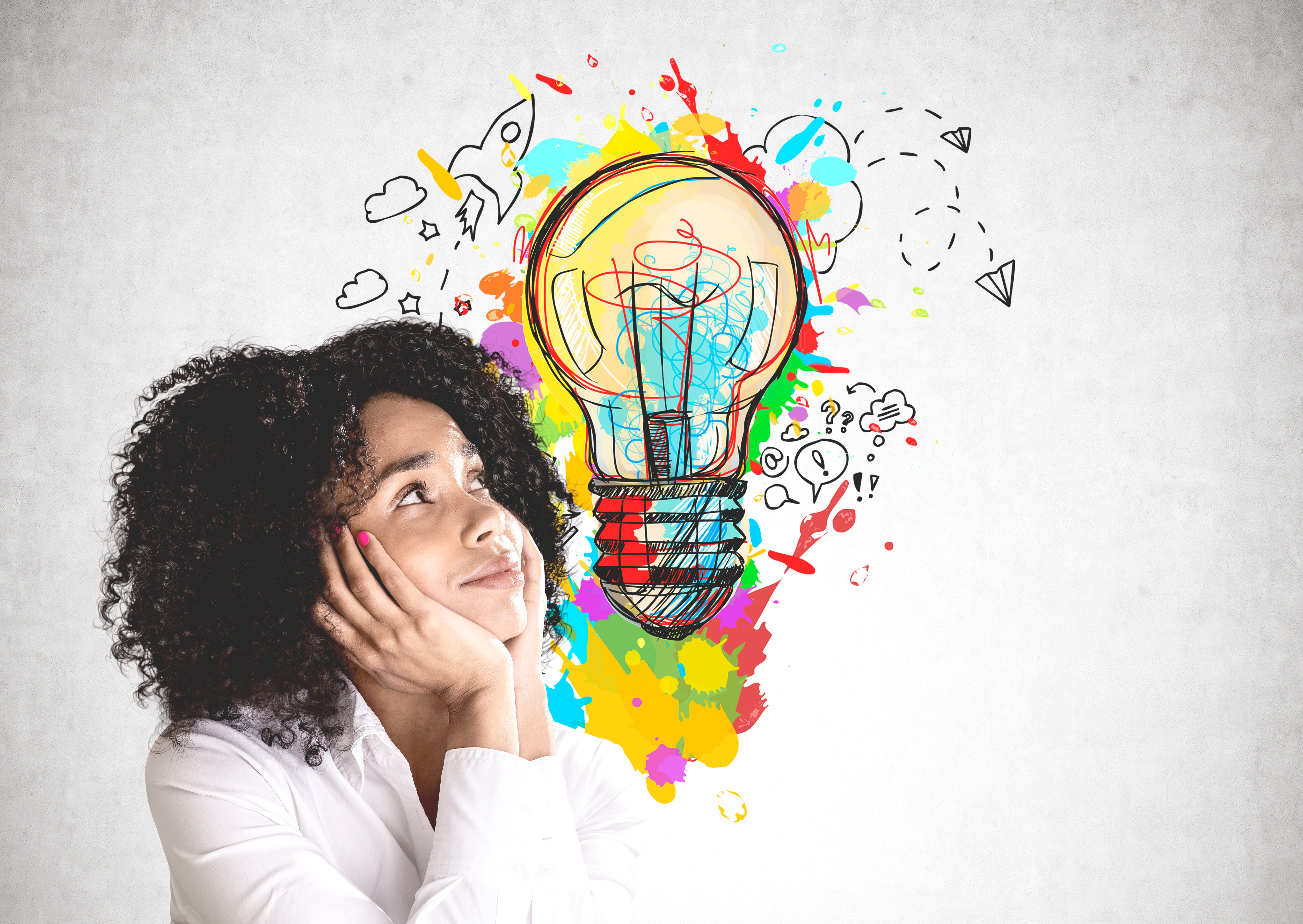 Thoughtful young woman and her bright idea