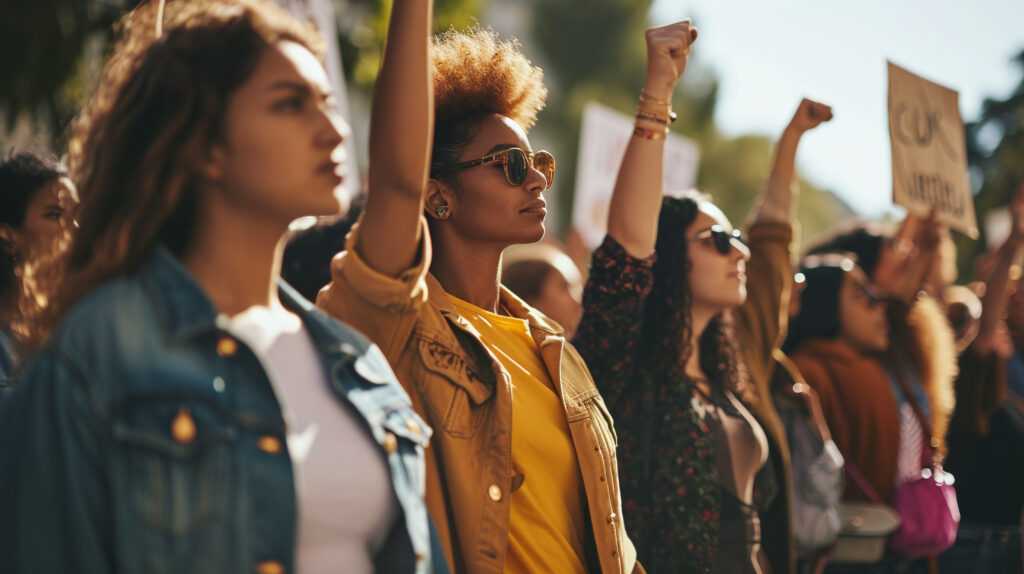 A peaceful protest led by women of different ethnicities, holding up signs advocating for gender equality and women's rights.