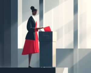 A woman standing at a podium with her hand on the voting machine. Generative AI.
