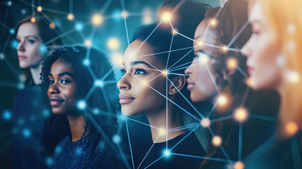 Women Connected by a Network of Lines and Lights