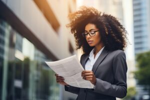Black businesswoman reading newspaper in city downtown