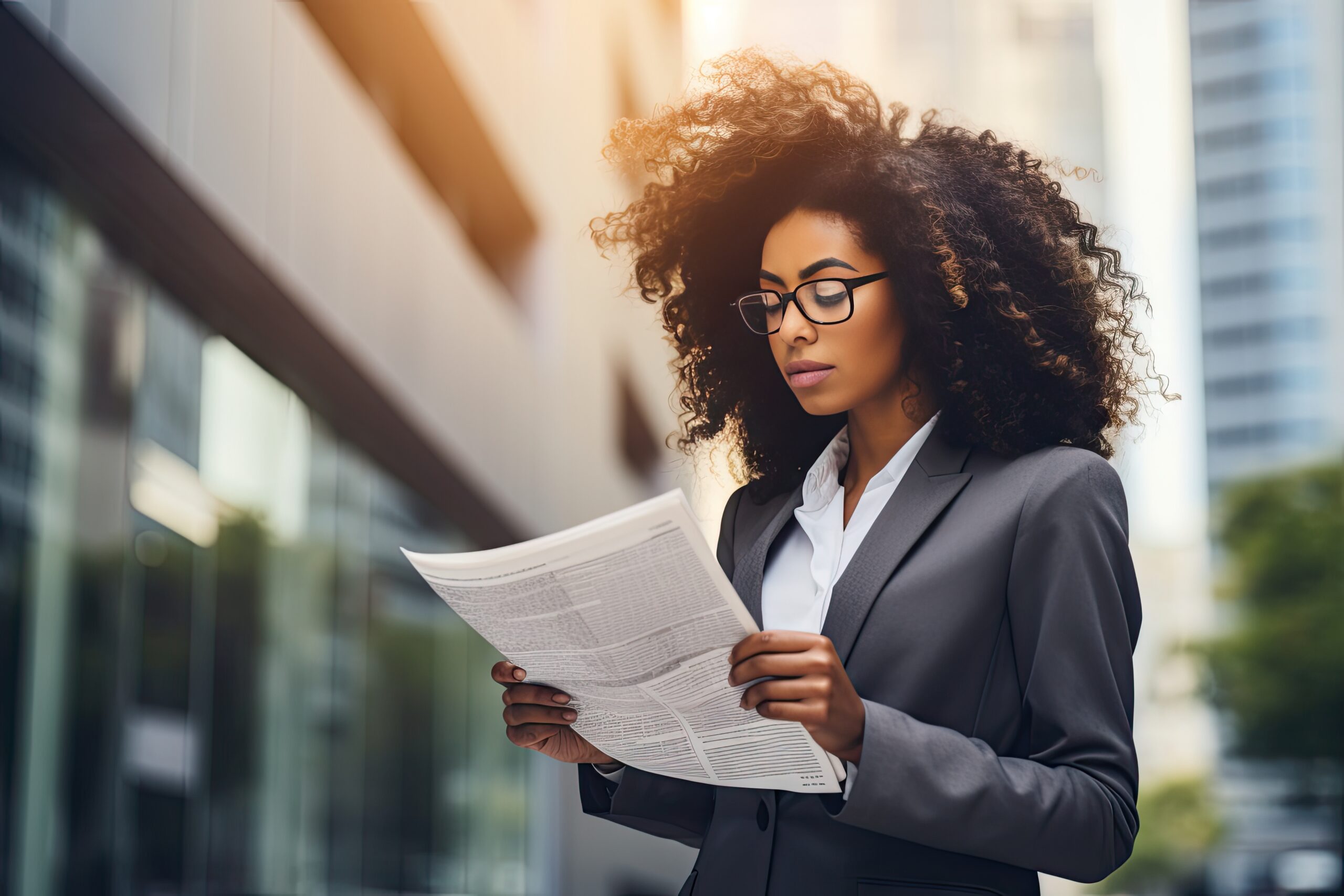 Black businesswoman reading newspaper in city downtown