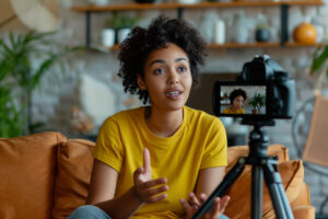 Cheerful young African American female blogger recording video on camera while preparing content for social networks at home
